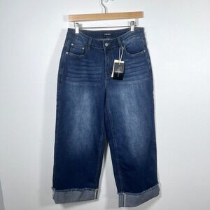 Flamingals Womens Wide Leg Cuffed Denim Jeans Sz L Cropped Blue Casual Mid Wash